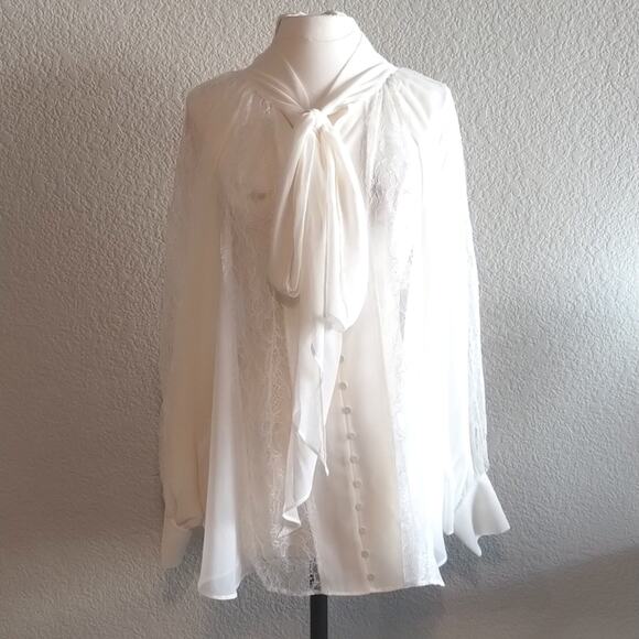 Lane Bryant NEW W/Tags Tie Neck Ivory Chiffon Blouse Lace Inset Slit Back 14/16 - Picture 1 of 16